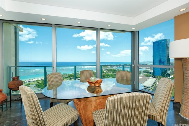 1288 Ala Moana Blvd Unit 18B, Honolulu, HI 96814 - dining room with expansive windows, a water view, and recessed lighting