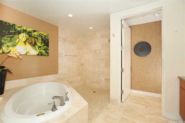 1288 Ala Moana Blvd Unit 18B, Honolulu, HI 96814 - bathroom featuring a garden tub, recessed lighting, vanity, and tiled shower