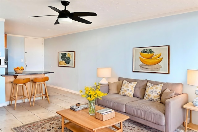 95-2057 Waikalani Pl Unit C403, Mililani, HI 96789 - living room with light tile patterned flooring, ceiling fan, and ornamental molding