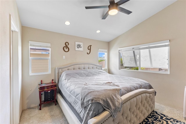 91-6438 Kapolei Pkwy, Ewa Beach, HI 96706 - carpeted bedroom with multiple windows, vaulted ceiling, recessed lighting, and a ceiling fan