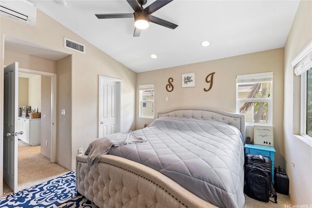 91-6438 Kapolei Pkwy, Ewa Beach, HI 96706 - carpeted bedroom featuring a wall unit AC, lofted ceiling, recessed lighting, a ceiling fan, and a closet