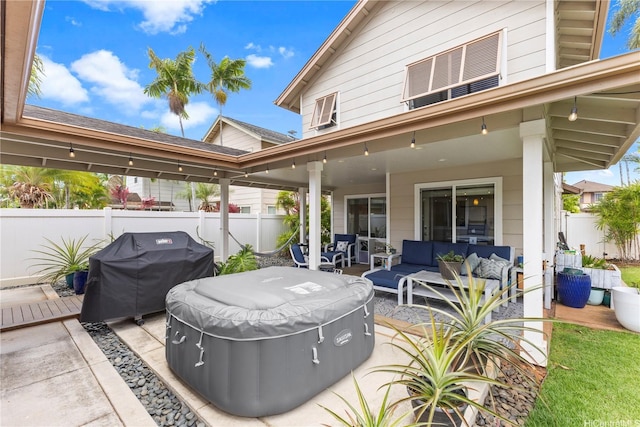 91-6438 Kapolei Pkwy, Ewa Beach, HI 96706 - view of patio featuring area for grilling, an outdoor hangout area, and a hot tub