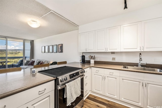 3045 Ala Napuaa Pl Unit 1803, Honolulu, HI 96818 - kitchen featuring stainless steel electric range, white cabinetry, wood finished floors, open floor plan, and a peninsula