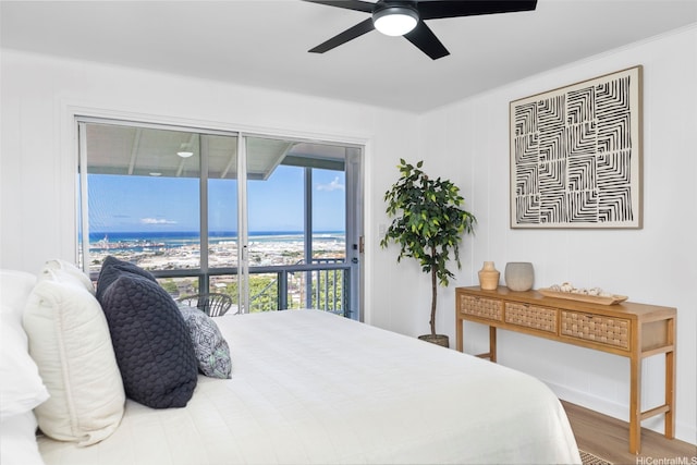1076 Ilima Dr Unit A, Honolulu, HI 96817 - bedroom with access to exterior, a water view, wood finished floors, and ceiling fan