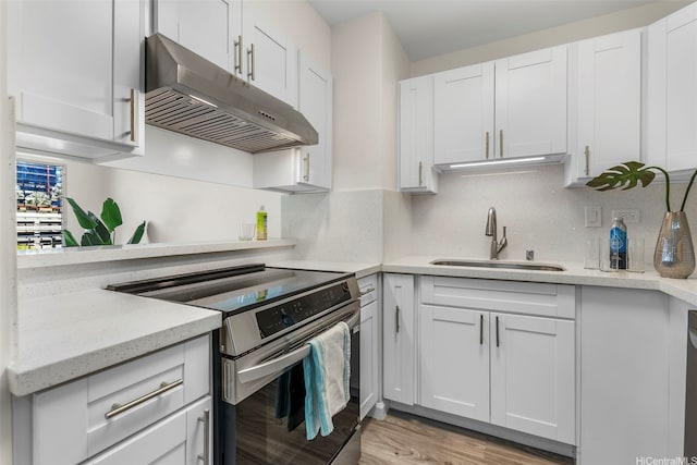 731 Amana St Unit 703, Honolulu, HI 96814 - kitchen with stainless steel range with electric stovetop, under cabinet range hood, and white cabinets