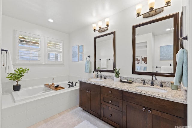 91-1112 Kai Oio St, Ewa Beach, HI 96706 - bathroom featuring double vanity, a bath, tile patterned floors, and a chandelier