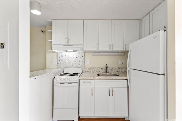 1060 Kamehameha Hwy Unit 801A, Pearl City, HI 96782 - kitchen with white appliances, under cabinet range hood, white cabinetry, open shelves, and a textured ceiling