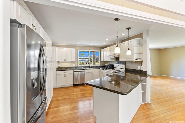 439 Ilimano St, Kailua, HI 96734 - kitchen with appliances with stainless steel finishes, open shelves, a peninsula, light wood-type flooring, and white cabinets
