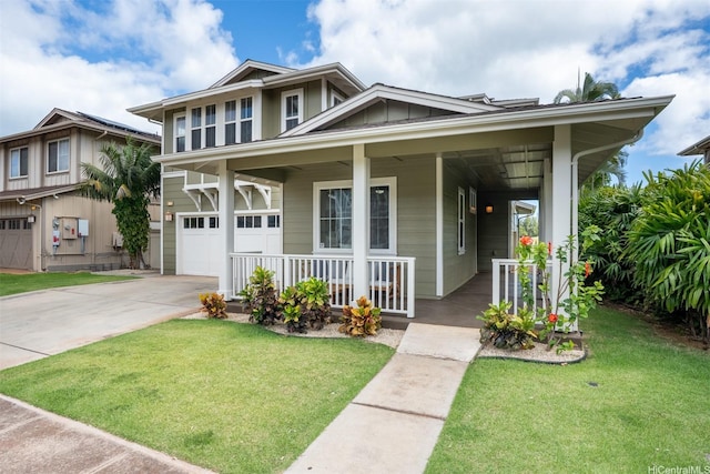 91-1227 Kuanoo St, Ewa Beach, HI 96706 - view of front of house featuring a porch, an attached garage, board and batten siding, and a front lawn