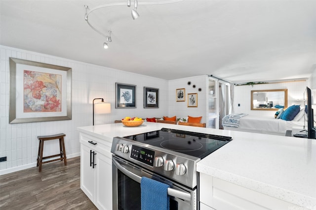 53-567 Kamehameha Hwy Unit 203, Hauula, HI 96717 - kitchen with stainless steel range with electric cooktop, light countertops, white cabinetry, open floor plan, and dark wood-style flooring