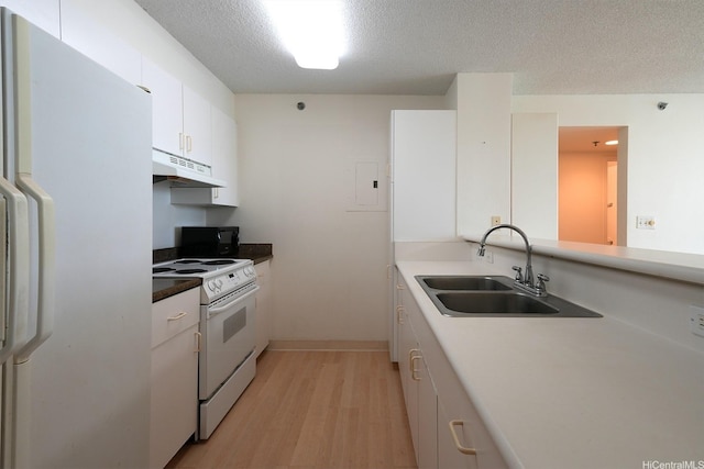 1448 Young St Unit 202, Honolulu, HI 96814 - kitchen with white appliances, under cabinet range hood, light wood-style flooring, white cabinetry, and a textured ceiling
