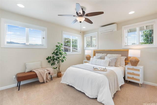 66-912 Kamakahala St Unit 2, Waialua, HI 96791 - bedroom featuring a wall unit AC, light carpet, recessed lighting, and a ceiling fan