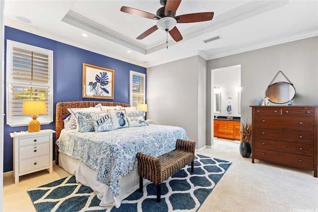 91-1100 Waiemi St, Ewa Beach, HI 96706 - bedroom with ornamental molding, carpet floors, a tray ceiling, recessed lighting, and connected bathroom