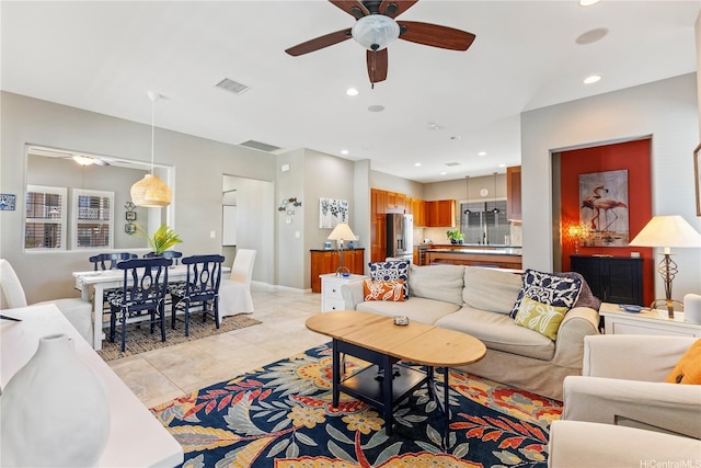91-1100 Waiemi St, Ewa Beach, HI 96706 - living room featuring ceiling fan, recessed lighting, and light tile patterned floors