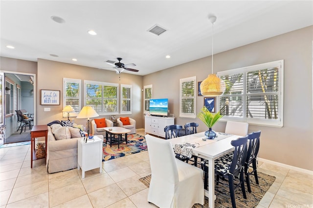 91-1100 Waiemi St, Ewa Beach, HI 96706 - dining space with recessed lighting, light tile patterned floors, and ceiling fan