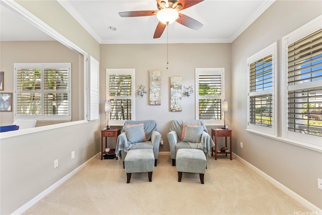 91-1100 Waiemi St, Ewa Beach, HI 96706 - living area with carpet, healthy amount of natural light, ornamental molding, and a ceiling fan