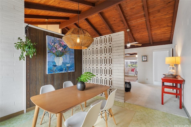 3504 Ala Hapuu St, Honolulu, HI 96818 - carpeted dining space with wood ceiling, a ceiling fan, and wooden walls
