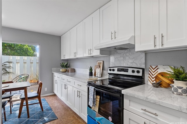 91-1021 Kuina St Unit 119, Ewa Beach, HI 96706 - kitchen with stainless steel electric stove, under cabinet range hood, tasteful backsplash, light stone counters, and white cabinetry