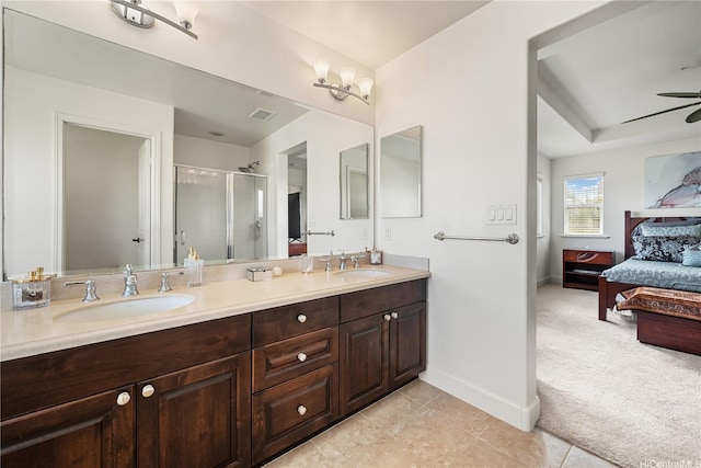 91-1108 Kaihohonu St, Ewa Beach, HI 96706 - full bathroom featuring ensuite bath, double vanity, a shower stall, tile patterned flooring, and ceiling fan