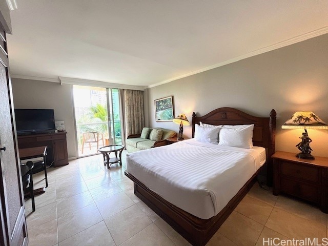 2045 Kalakaua Ave Unit 402, Honolulu, HI 96815 - bedroom with ornamental molding, access to outside, and light tile patterned floors