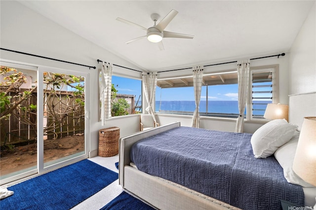 68-665 Hoomana Pl, Waialua, HI 96791 - carpeted bedroom featuring a water view, lofted ceiling, access to exterior, and ceiling fan