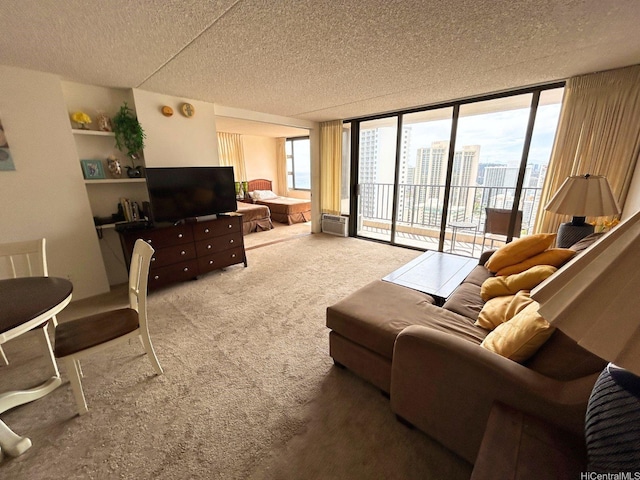 201 Ohua Ave Unit 2406, Honolulu, HI 96815 - living room with a textured ceiling, carpet flooring, and floor to ceiling windows