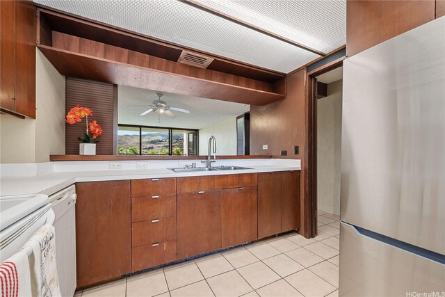 500 Lunalilo Home Rd Unit 24K, Honolulu, HI 96825 - kitchen featuring white appliances, light countertops, ceiling fan, brown cabinets, and open shelves