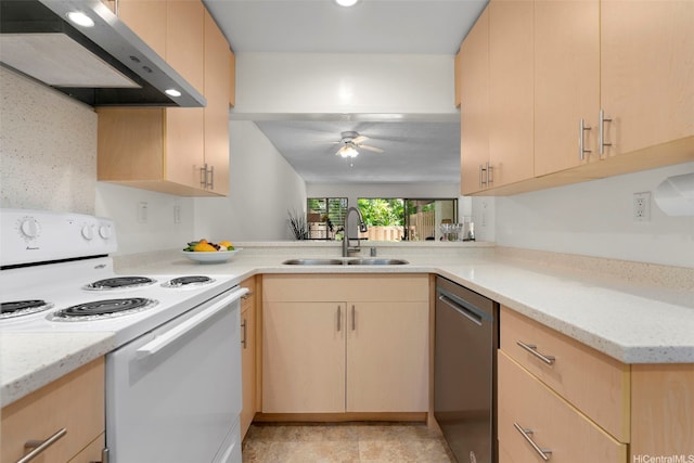 444 Lunalilo Home Rd Unit 602, Honolulu, HI 96825 - kitchen with white electric range, exhaust hood, dishwasher, light brown cabinetry, and a ceiling fan
