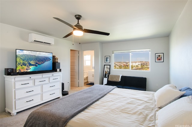 91-3525 Kauluakoko St Unit 2103, Ewa Beach, HI 96706 - bedroom featuring a wall mounted air conditioner, light carpet, ensuite bathroom, and ceiling fan