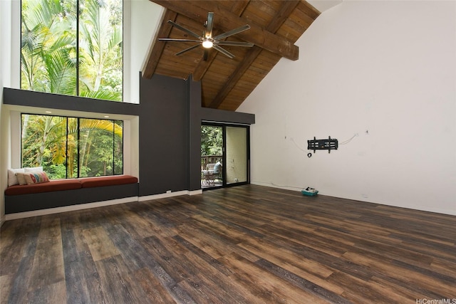 46-359 Haiku Rd Unit C10, Kaneohe, HI 96744 - unfurnished living room featuring high vaulted ceiling, ceiling fan, wood finished floors, and a wooden ceiling with exposed beams