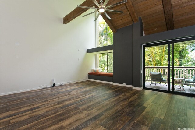 46-359 Haiku Rd Unit C10, Kaneohe, HI 96744 - unfurnished living room featuring ceiling fan, beam ceiling, high vaulted ceiling, and wood finished floors