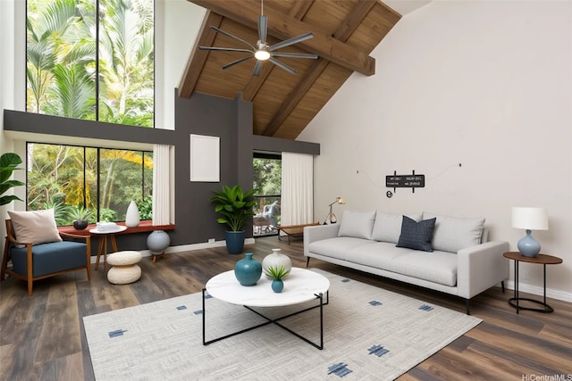 46-359 Haiku Rd Unit C10, Kaneohe, HI 96744 - living area featuring high vaulted ceiling, a ceiling fan, wood finished floors, and a wood ceiling with exposed beams