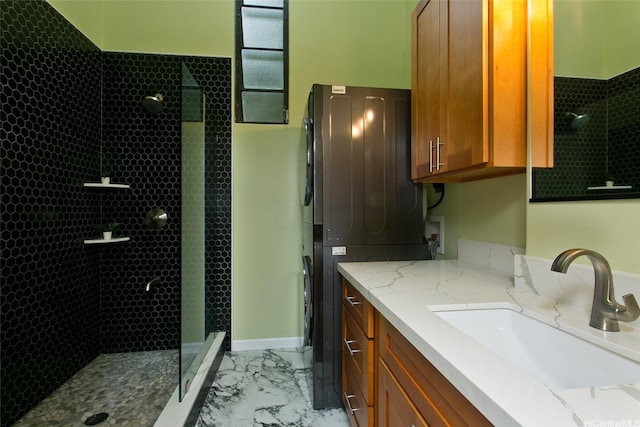 46-359 Haiku Rd Unit C10, Kaneohe, HI 96744 - bathroom featuring marble look tiles, a stall shower, and vanity