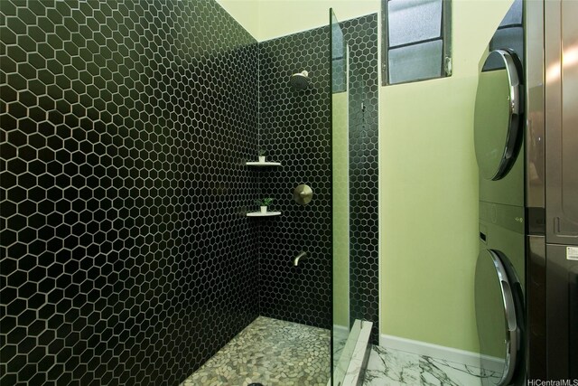 46-359 Haiku Rd Unit C10, Kaneohe, HI 96744 - bathroom with estacked washer and dryer, a walk in shower, and marble finish flooring