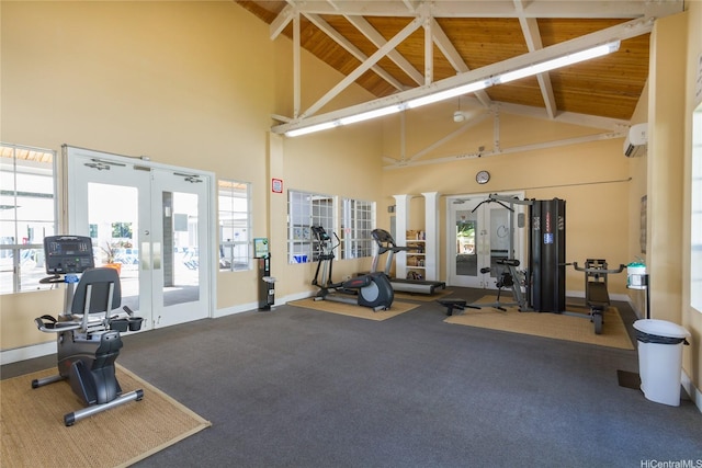 239 Mananai Pl Unit 54H, Honolulu, HI 96818 - workout area with high vaulted ceiling, carpet, plenty of natural light, french doors, and a wooden ceiling with exposed beams