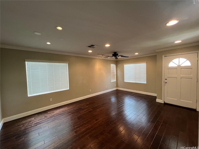 91-1035 Kaiko St, Ewa Beach, HI 96706 - foyer entrance with crown molding, ceiling fan, dark wood-type flooring, and recessed lighting