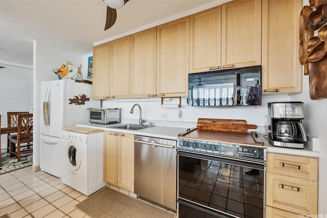 2801 Coconut Ave Unit 2D, Honolulu, HI 96815 - kitchen featuring black appliances, washer / dryer, light brown cabinetry, and a ceiling fan