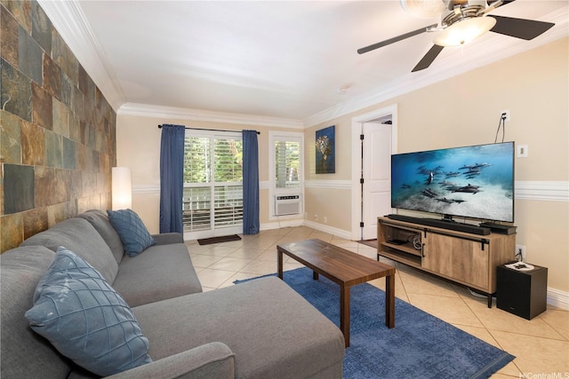 95-536 Wikao St Unit D106, Mililani, HI 96789 - living room with light tile patterned floors, crown molding, a ceiling fan, and a wall unit AC