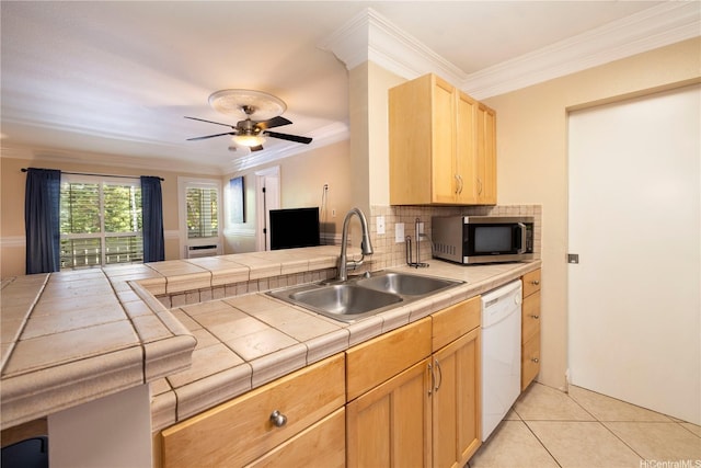 95-536 Wikao St Unit D106, Mililani, HI 96789 - kitchen featuring stainless steel microwave, white dishwasher, tile countertops, ornamental molding, and tasteful backsplash