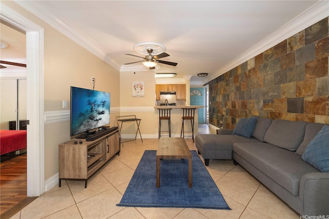 95-536 Wikao St Unit D106, Mililani, HI 96789 - living room with ceiling fan, crown molding, and light tile patterned floors