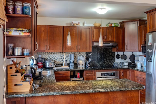 95-142 Kuahelani Ave Unit 251, Mililani, HI 96789 - kitchen featuring appliances with stainless steel finishes, exhaust hood, open shelves, tasteful backsplash, and a peninsula