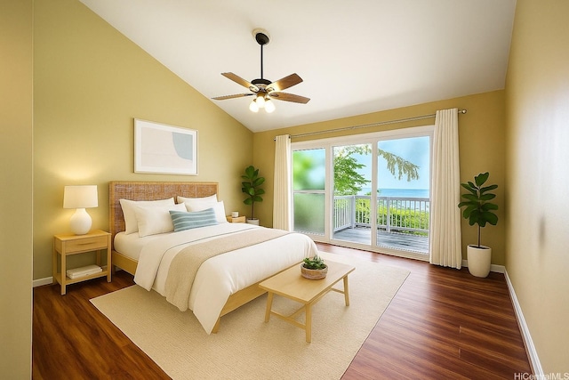 866 Kaahue St, Honolulu, HI 96825 - bedroom featuring access to exterior, dark wood-style floors, ceiling fan, and high vaulted ceiling