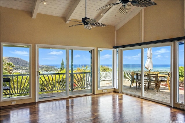 866 Kaahue St, Honolulu, HI 96825 - unfurnished sunroom with a wooden ceiling with exposed beams, plenty of natural light, a water view, high vaulted ceiling, and wood finished floors