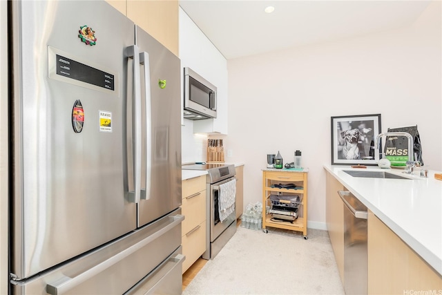 1001 Queen St Unit 3907, Honolulu, HI 96814 - kitchen featuring appliances with stainless steel finishes, modern cabinets, light countertops, light colored carpet, and tasteful backsplash