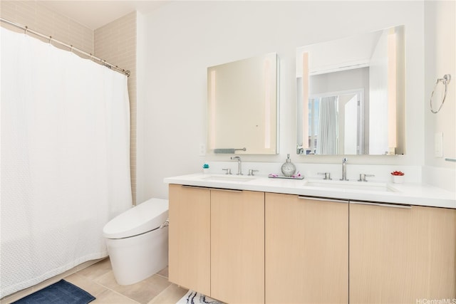 1001 Queen St Unit 3907, Honolulu, HI 96814 - full bathroom featuring double vanity, curtained shower, and tile patterned floors