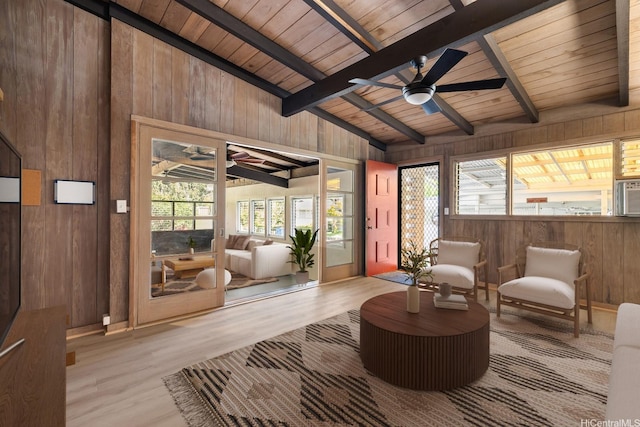 44 Akamu Pl, Honolulu, HI 96817 - living area featuring wooden walls, a ceiling fan, wood finished floors, and wooden ceiling