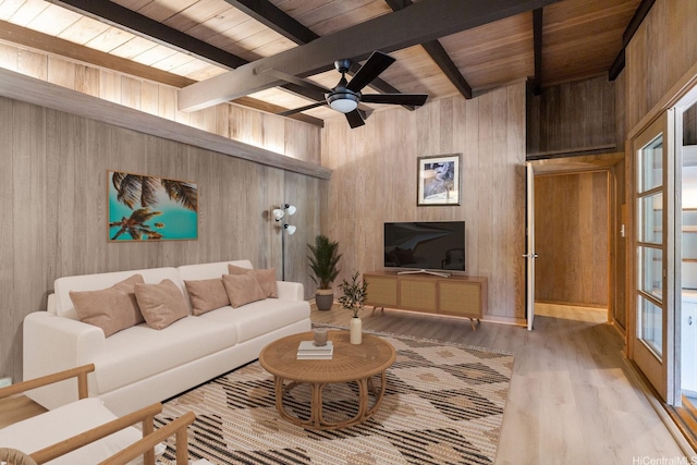 44 Akamu Pl, Honolulu, HI 96817 - living room with wood walls, a wooden ceiling with exposed beams, wood finished floors, and ceiling fan