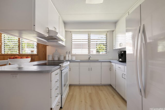 44 Akamu Pl, Honolulu, HI 96817 - kitchen with white appliances, under cabinet range hood, light wood-type flooring, and white cabinets