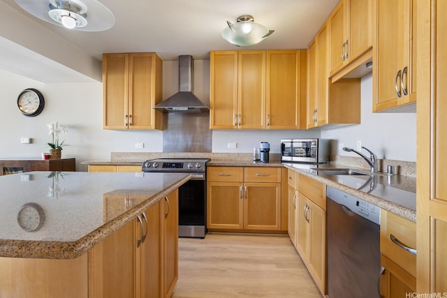 1288 Kapiolani Blvd Unit I-1506, Honolulu, HI 96814 - kitchen featuring wall chimney range hood, stainless steel appliances, light wood-style floors, and light stone countertops