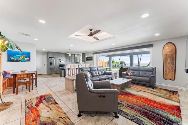 84-663 Upena St, Waianae, HI 96792 - living area featuring a skylight, recessed lighting, ceiling fan, and light tile patterned floors